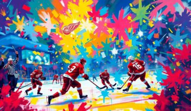 An abstract, expressionist painting in vibrant neon colors, capturing the intense energy and movement of a hockey game between the Detroit Red Wings and San Jose Sharks. The players