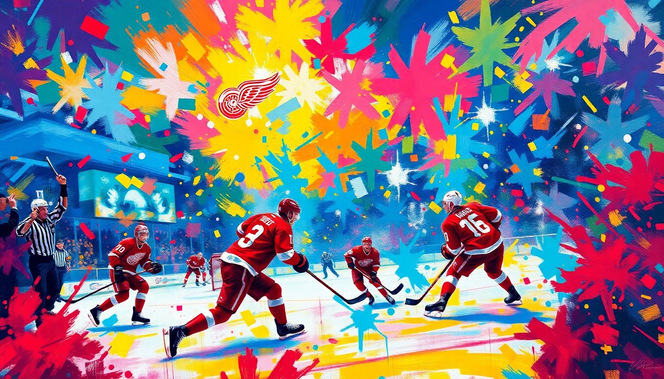 An abstract, expressionist painting in vibrant neon colors, capturing the intense energy and movement of a hockey game between the Detroit Red Wings and San Jose Sharks. The players