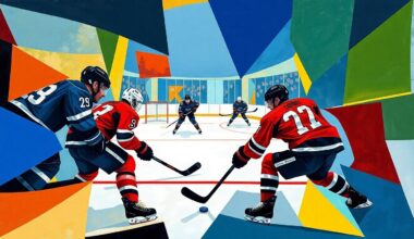 A cubist, geometric painting depicting a fragmented hockey game, with players