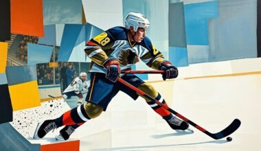 A cubist-style painting depicting a hockey player in action, with their movements and the energy of the game captured through sharp, overlapping geometric planes in a vibrant color palette.