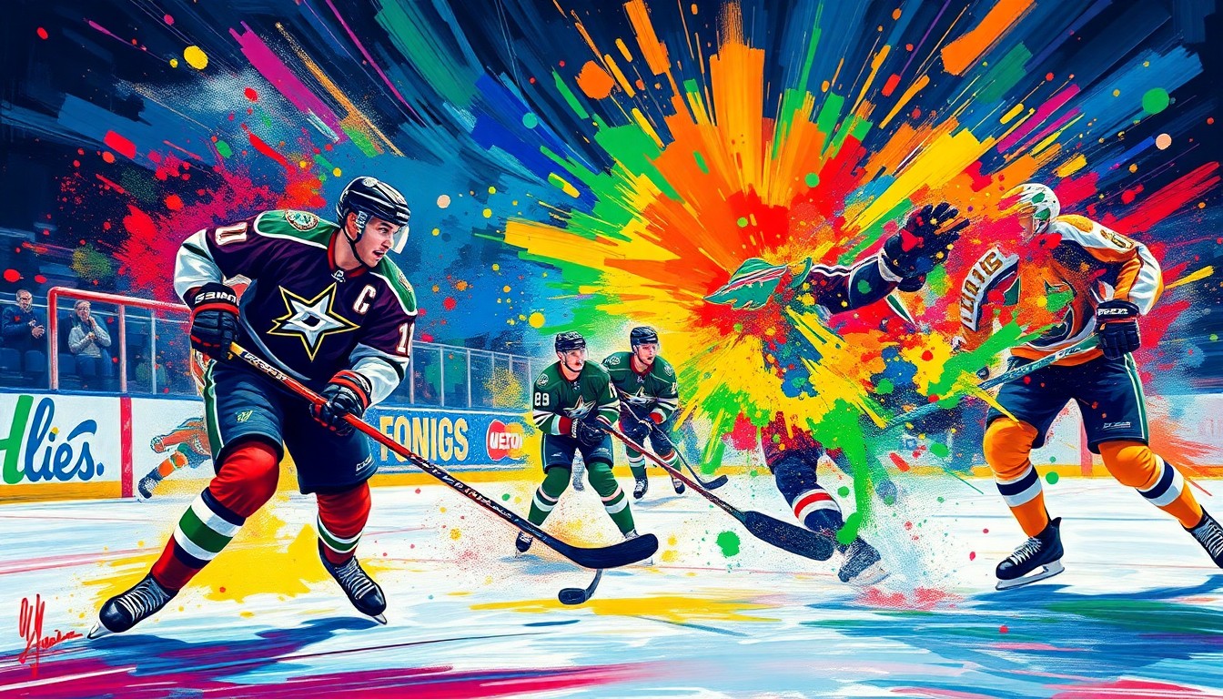 An abstract, expressionist painting in neon colors depicting the frenetic action of a hockey game, with players