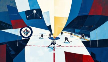 A fractured, cubist-style painting depicting a hockey game in progress, with sharp geometric shapes and planes of color representing the players, puck, and action on the ice. The composition is dynamic and energetic, capturing the intensity and momentum of the game.