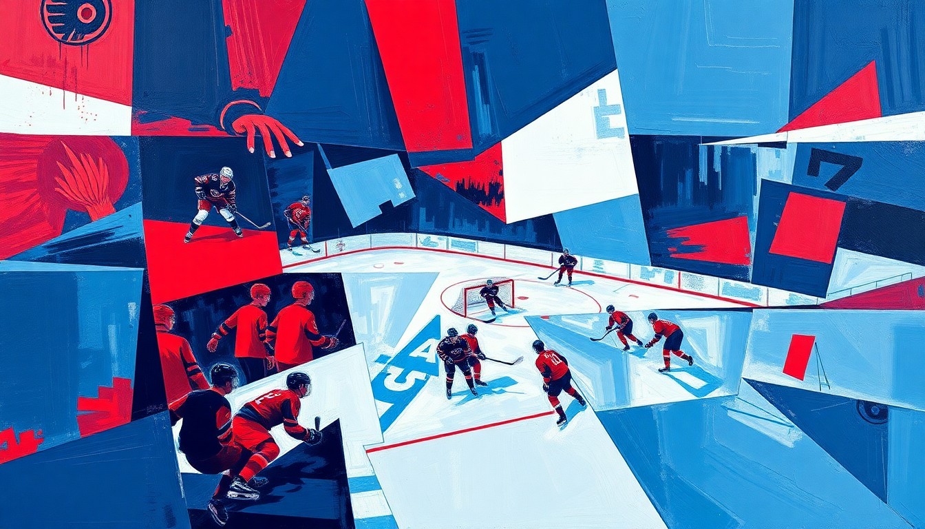 A fragmented, geometric painting depicting a hockey game, with sharp planes of navy, crimson, and white overlapping to create a dynamic, multi-perspective scene.