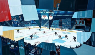 A cubist, geometric painting depicting a San Jose Sharks hockey game, with the players and the action broken down into sharp, overlapping planes of color and shape, conveying the team