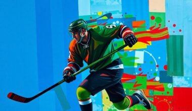 A fragmented, geometric painting depicting a hockey player in mid-motion, with sharp, overlapping planes of vibrant colors representing the raw energy and intensity of the sport.