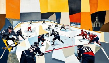 A fractured, multi-perspective painting in the style of Pablo Picasso, depicting a hockey game between the Pittsburgh Penguins and Florida Panthers. The players