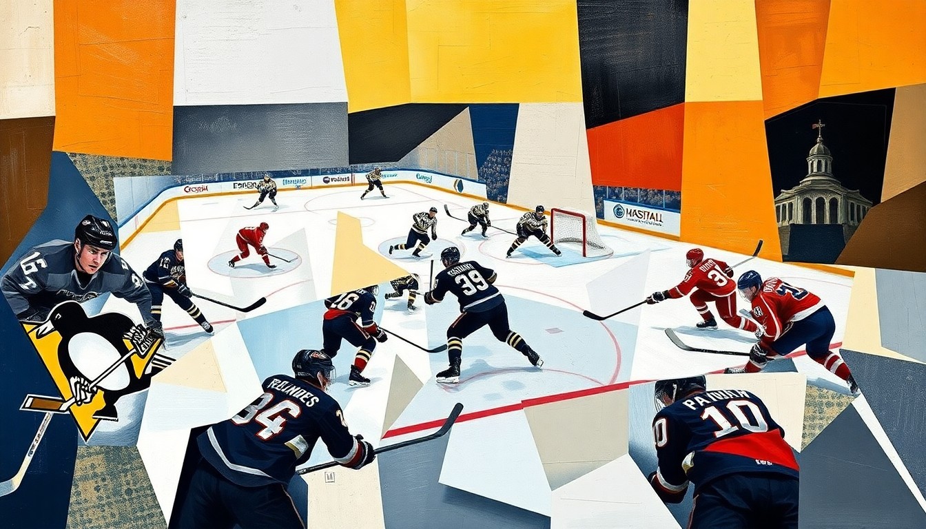 A fractured, multi-perspective painting in the style of Pablo Picasso, depicting a hockey game between the Pittsburgh Penguins and Florida Panthers. The players