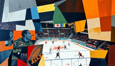 A cubist-style painting depicting a Flyers hockey game broken down into sharp, overlapping geometric shapes and planes, capturing the team