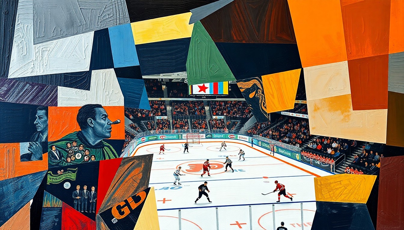 A cubist-style painting depicting a Flyers hockey game broken down into sharp, overlapping geometric shapes and planes, capturing the team