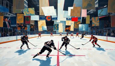 A fragmented, geometric painting depicting the chaotic final moments of a hockey game, with players
