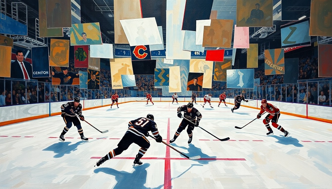 A fragmented, geometric painting depicting the chaotic final moments of a hockey game, with players