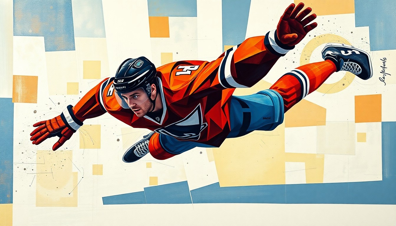 A cubist, geometric painting breaking down a hockey player