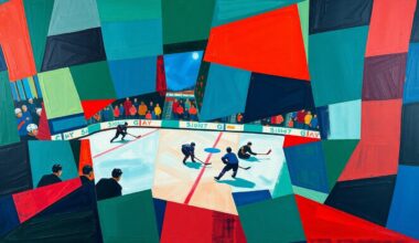 A fragmented, geometric painting depicting a hockey game in motion, with sharp planes of color and overlapping perspectives conveying the Kraken