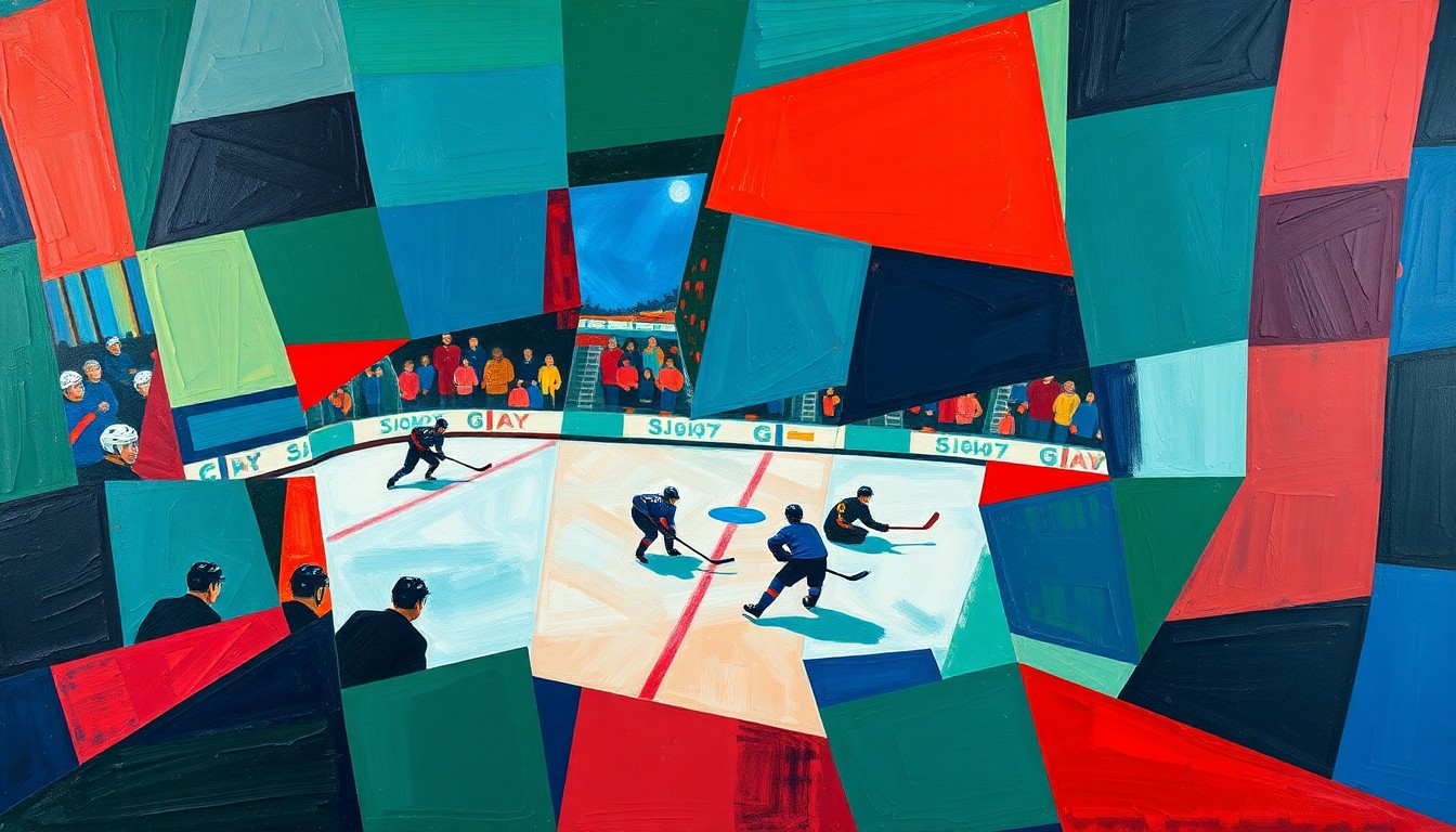 A fragmented, geometric painting depicting a hockey game in motion, with sharp planes of color and overlapping perspectives conveying the Kraken