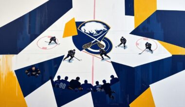 A cubist, geometric painting depicting a Sabres hockey game, with players and the ice deconstructed into sharp, overlapping shapes in navy blue, gold, and white, capturing the intensity and energy of the playoffs.