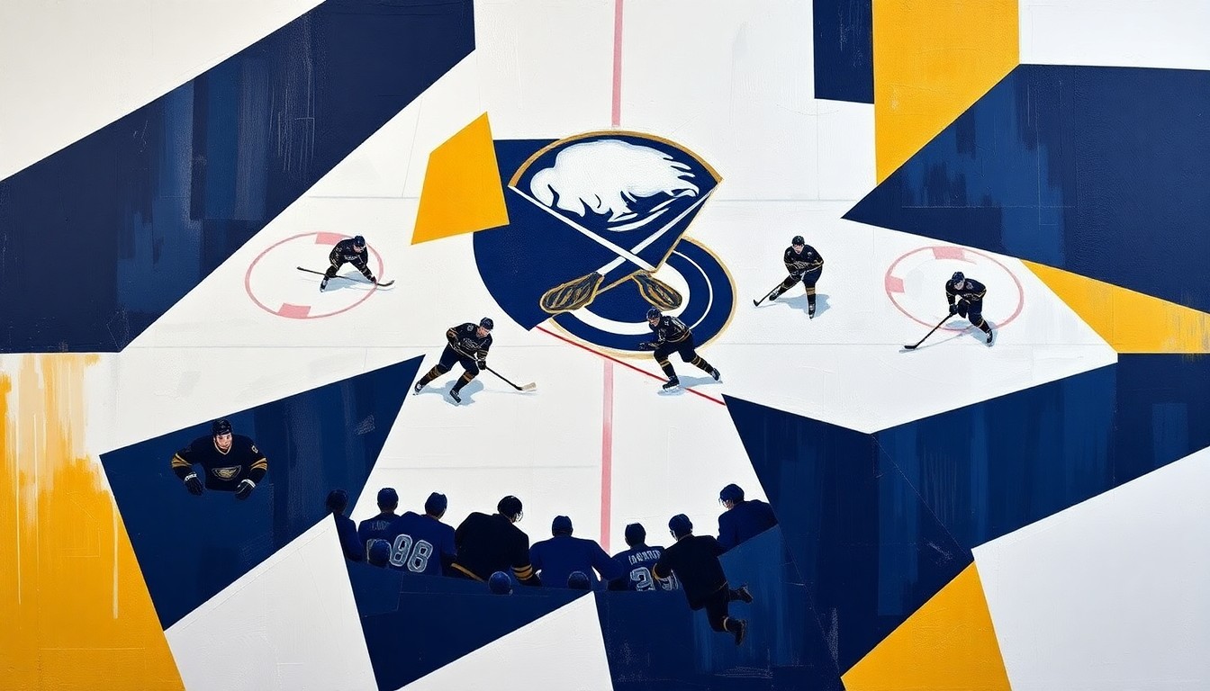 A cubist, geometric painting depicting a Sabres hockey game, with players and the ice deconstructed into sharp, overlapping shapes in navy blue, gold, and white, capturing the intensity and energy of the playoffs.
