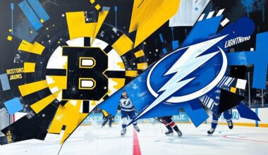 A fractured, multi-perspective painting in a cubist style, breaking down a hockey game between the Boston Bruins and Tampa Bay Lightning into sharp, overlapping geometric planes of vibrant colors.