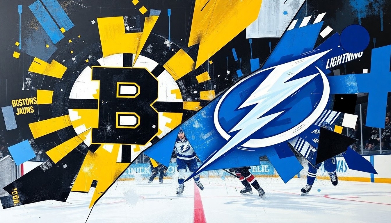 A fractured, multi-perspective painting in a cubist style, breaking down a hockey game between the Boston Bruins and Tampa Bay Lightning into sharp, overlapping geometric planes of vibrant colors.