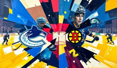 A fractured, geometric painting in bold blues, reds, and golds, depicting the action and movement of a hockey game in an abstract, deconstructed style.