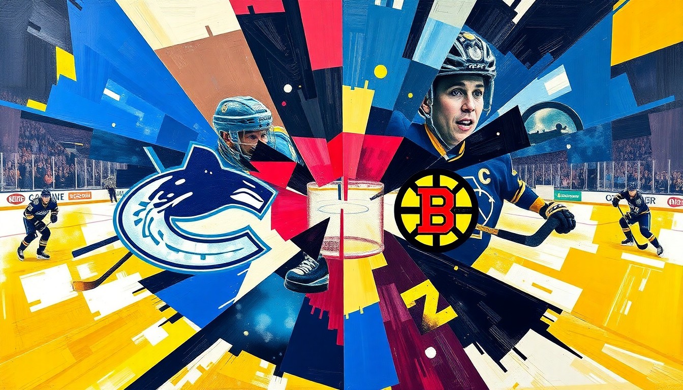 A fractured, geometric painting in bold blues, reds, and golds, depicting the action and movement of a hockey game in an abstract, deconstructed style.