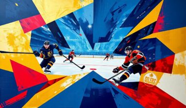 A cubist, geometric painting depicting a hockey game between the Vegas Golden Knights and Edmonton Oilers, with the players and puck represented through sharp, overlapping shapes in a vibrant color palette.