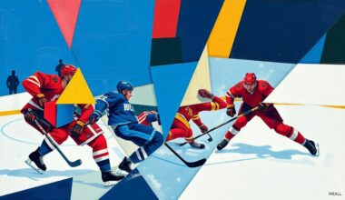 A cubist, geometric painting depicting the chaotic action of a hockey game, with overlapping planes of blue, red, and gold representing the players, puck, and arena.