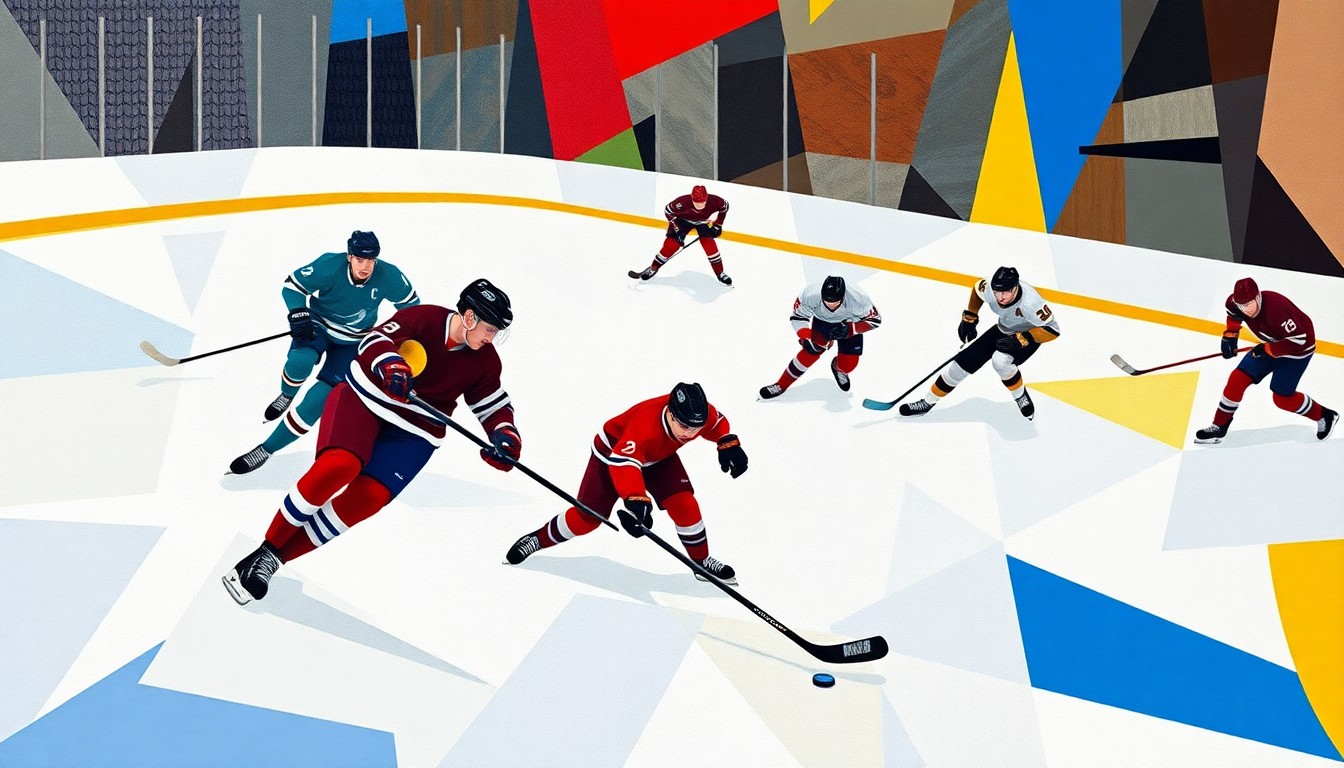 A cubist, geometric painting depicting the abstract movements and energy of a hockey game, with the players and puck represented as fragmented, overlapping shapes and planes in the teams