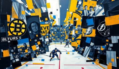 A fractured, cubist-style painting depicting a hockey game between the Boston Bruins and Tampa Bay Lightning, with sharp geometric shapes and planes of color representing the intensity and skill of the matchup.