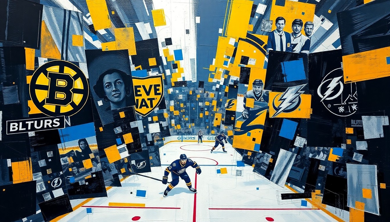 A fractured, cubist-style painting depicting a hockey game between the Boston Bruins and Tampa Bay Lightning, with sharp geometric shapes and planes of color representing the intensity and skill of the matchup.