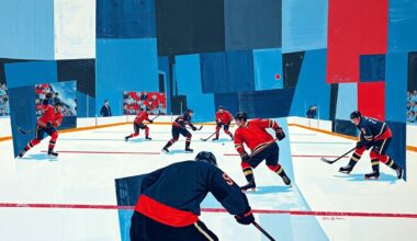 A fragmented, geometric painting depicting the dynamic movements and competing forces of a hockey game, with sharp planes of blue, red, and black creating a sense of motion and intensity.