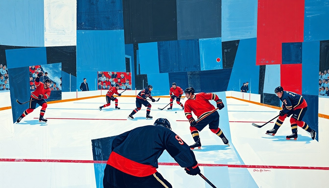 A fragmented, geometric painting depicting the dynamic movements and competing forces of a hockey game, with sharp planes of blue, red, and black creating a sense of motion and intensity.