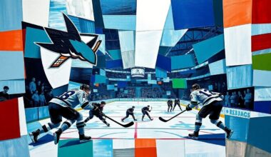 A cubist-style painting depicting a hockey game between the San Jose Sharks and Vancouver Canucks, with the players