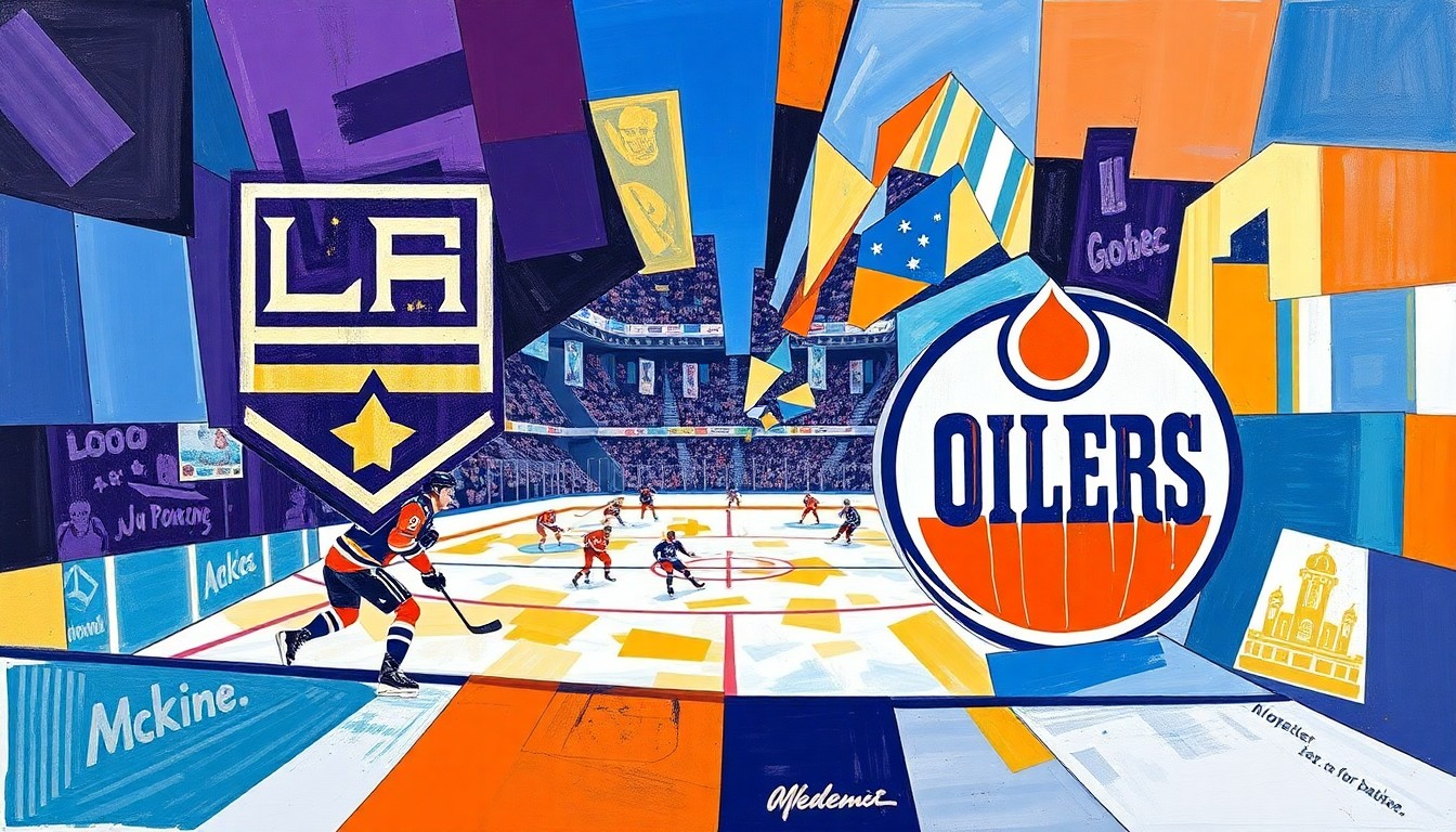 A fragmented, cubist-style painting depicting a hockey game between the Los Angeles Kings and Edmonton Oilers, with the players and the action broken down into sharp, overlapping geometric shapes and planes in a vibrant color palette of purple, gold, orange, and blue.