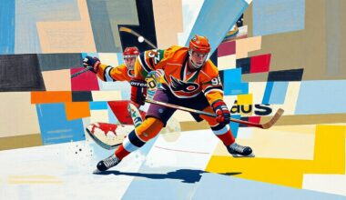 A cubist-style painting depicting a hockey player in motion, with their body and movements broken down into sharp, overlapping geometric shapes and planes, conveying a sense of dynamism and the multifaceted nature of the player