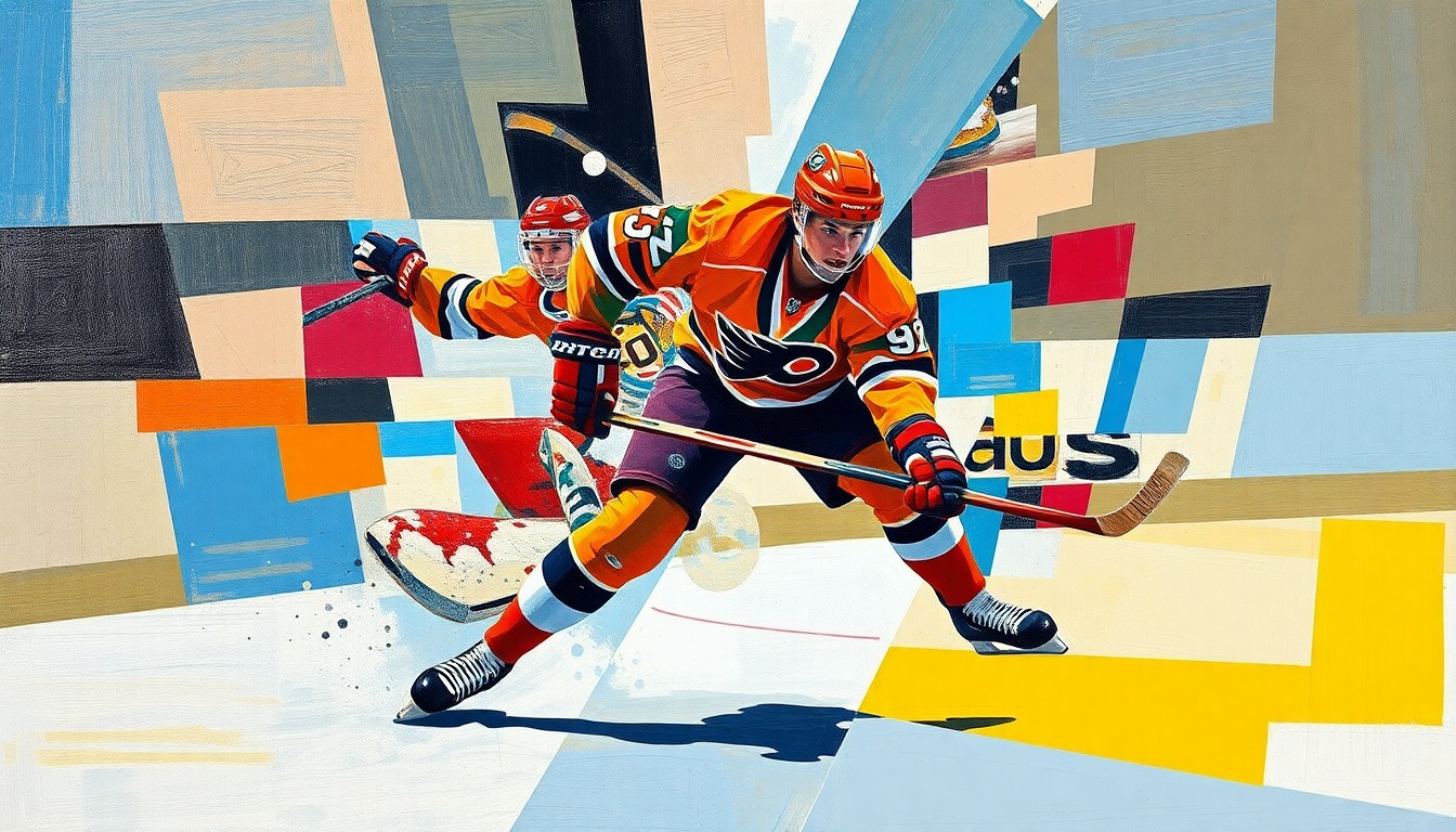 A cubist-style painting depicting a hockey player in motion, with their body and movements broken down into sharp, overlapping geometric shapes and planes, conveying a sense of dynamism and the multifaceted nature of the player