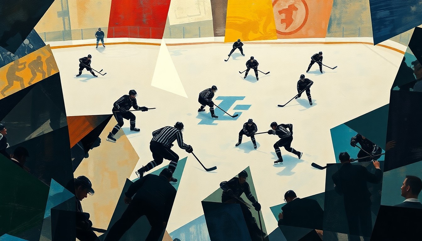 A fractured, multi-perspective painting depicting a hockey game, with players and the action on the ice broken down into sharp, overlapping geometric shapes and forms, capturing the energy and movement of the sport.