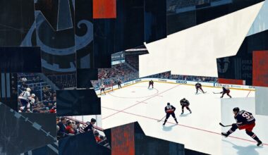A fragmented, geometric painting depicting a hockey game, with sharp, overlapping planes of color and form representing the action on the ice.