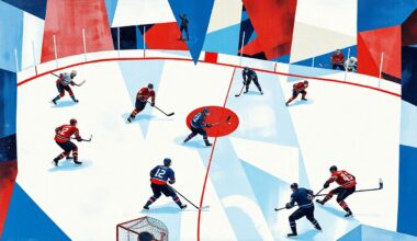 A cubist, geometric painting depicting a hockey game, with players and the ice reduced to angular, intersecting shapes in vibrant blues, reds, and whites, capturing the intensity and movement of the sport.