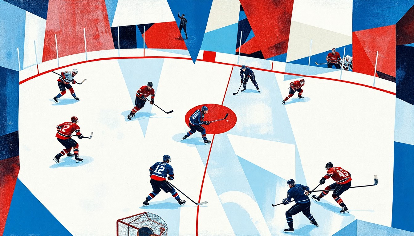 A cubist, geometric painting depicting a hockey game, with players and the ice reduced to angular, intersecting shapes in vibrant blues, reds, and whites, capturing the intensity and movement of the sport.