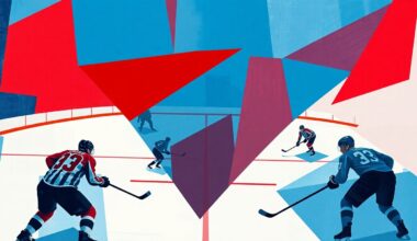 A cubist, geometric painting depicting a hockey game, with the players and ice reduced to angular, overlapping shapes in bold colors, conveying the dynamic energy of the sport.