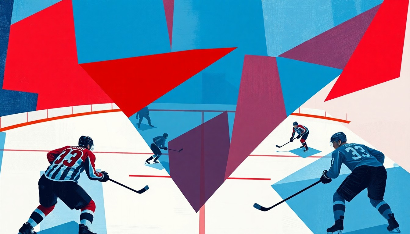 A cubist, geometric painting depicting a hockey game, with the players and ice reduced to angular, overlapping shapes in bold colors, conveying the dynamic energy of the sport.
