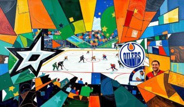 A cubist, geometric painting depicting a hockey game between the Dallas Stars and Edmonton Oilers, with the players and action broken down into sharp, overlapping planes of color and shape, capturing the dynamic energy and rivalry between the two teams.
