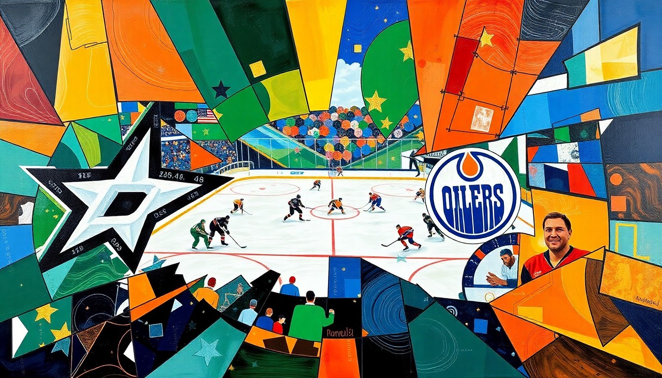 A cubist, geometric painting depicting a hockey game between the Dallas Stars and Edmonton Oilers, with the players and action broken down into sharp, overlapping planes of color and shape, capturing the dynamic energy and rivalry between the two teams.