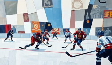 A cubist-style painting featuring overlapping geometric shapes and planes of color, representing the dynamic action and energy of a hockey game.