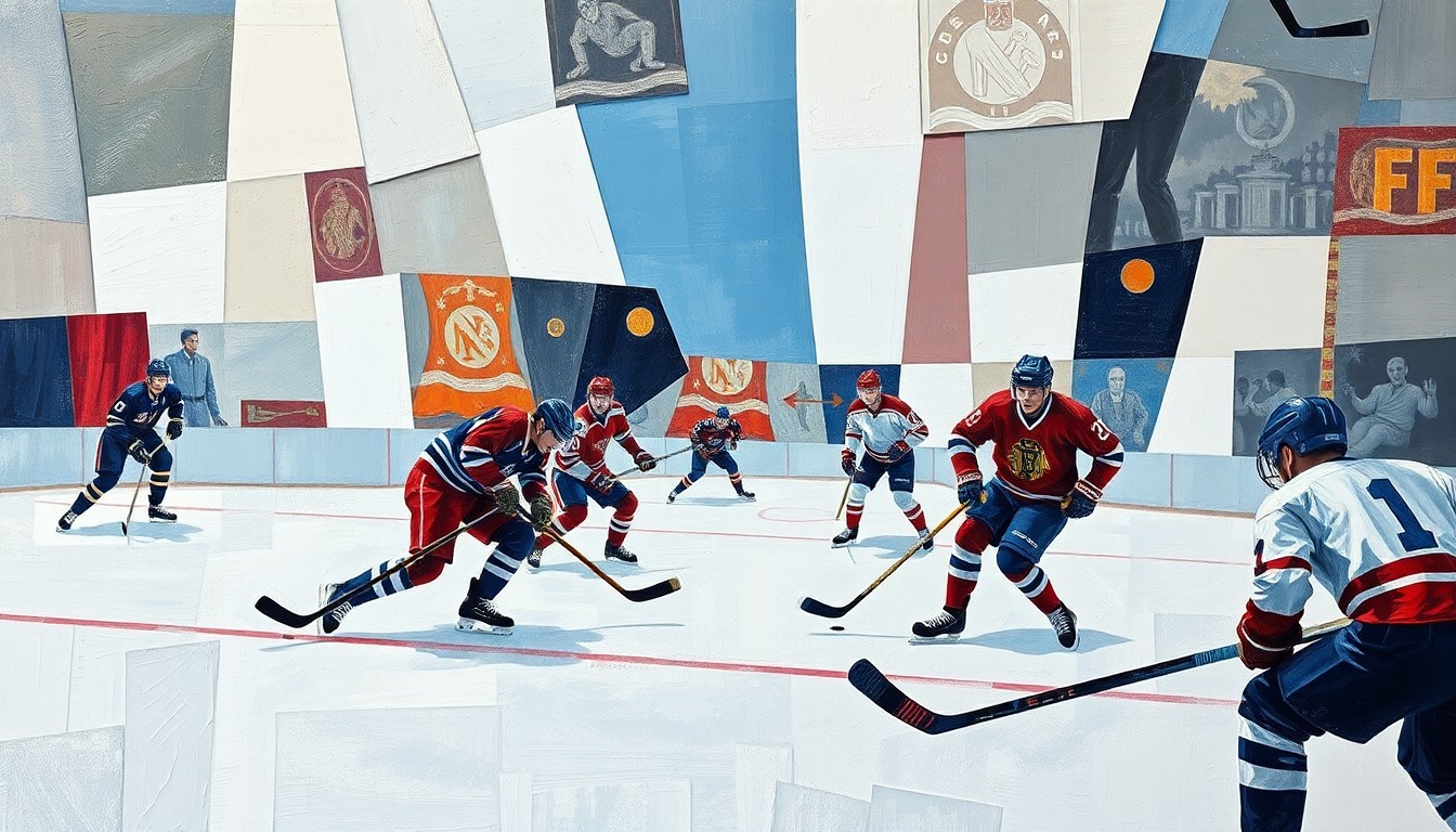 A cubist-style painting featuring overlapping geometric shapes and planes of color, representing the dynamic action and energy of a hockey game.