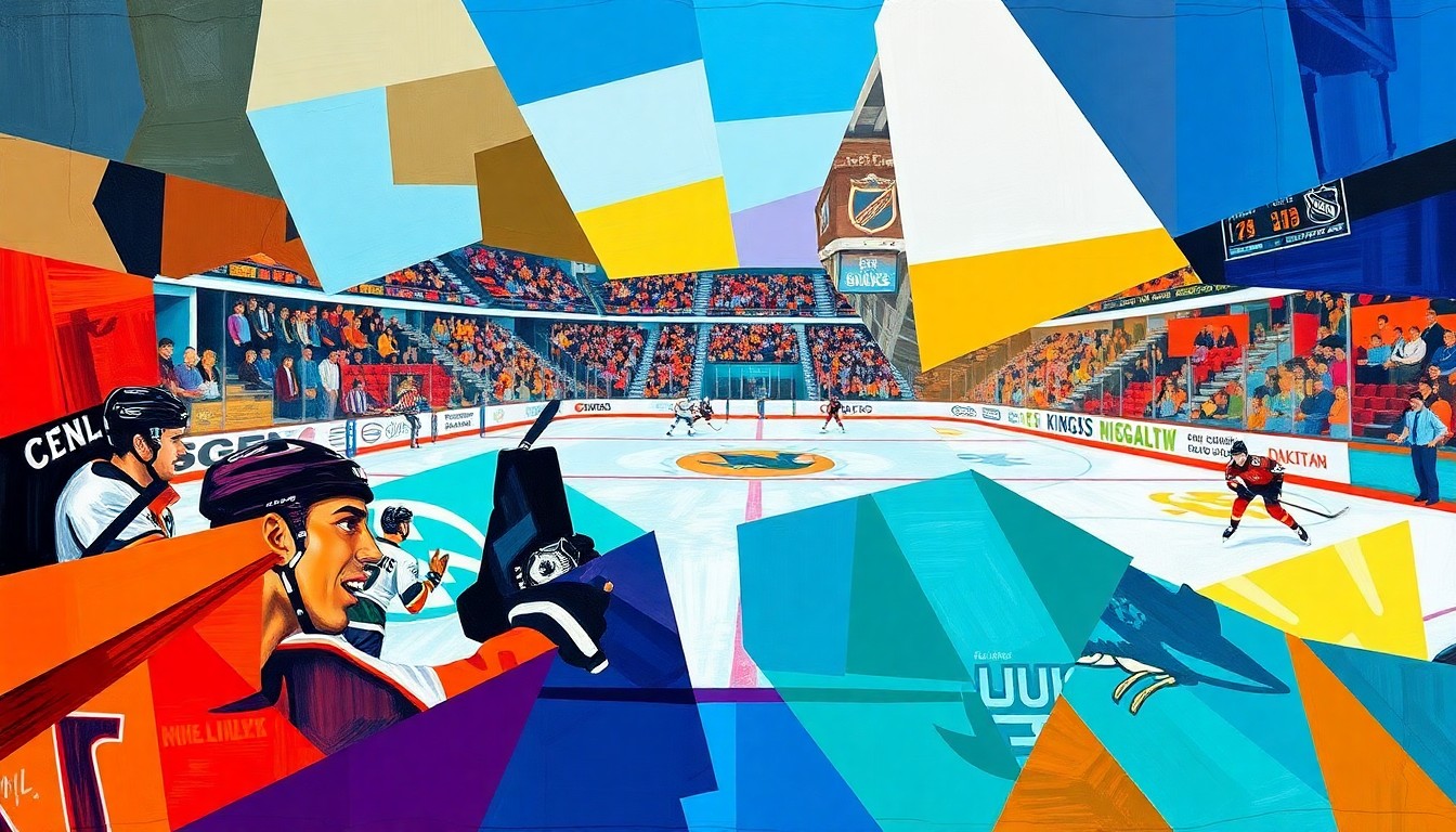 A fractured, multi-perspective painting in bold, overlapping geometric shapes and planes, depicting the intense competition between California