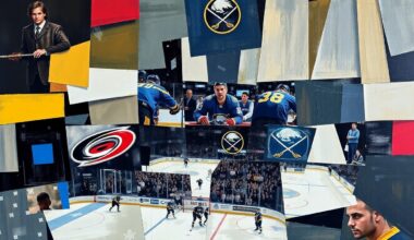 A fragmented, geometric painting depicting a hockey game between the Carolina Hurricanes and Buffalo Sabres, with sharp, overlapping planes of color and form representing the dynamic action on the ice.