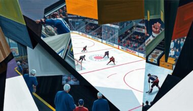 A cubist-style painting depicting a hockey game or match, with the players and the rink broken down into sharp, overlapping geometric shapes and planes, creating a fragmented, multi-perspective visual representation of the action.