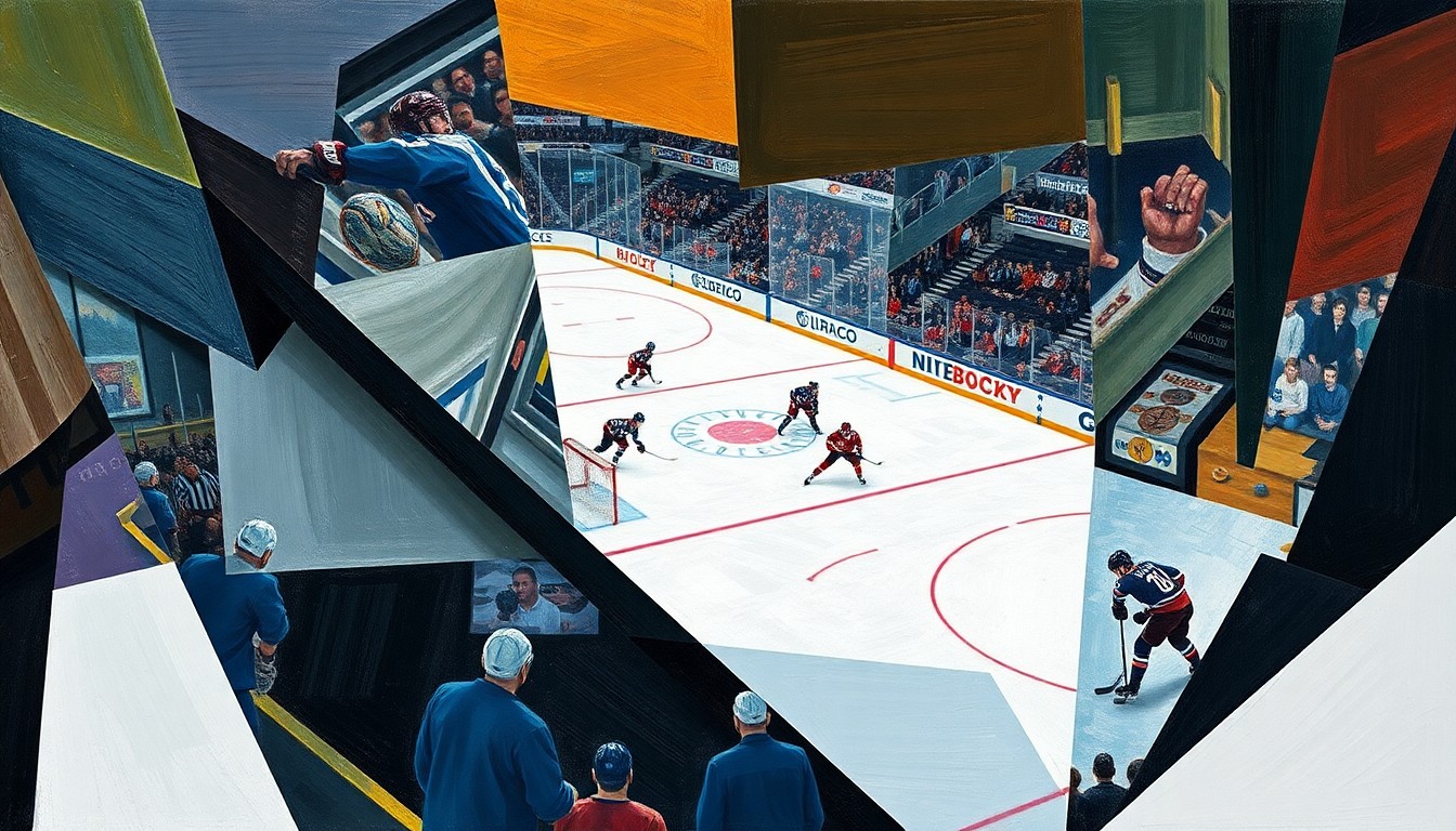 A cubist-style painting depicting a hockey game or match, with the players and the rink broken down into sharp, overlapping geometric shapes and planes, creating a fragmented, multi-perspective visual representation of the action.