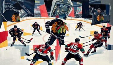 A cubist, geometric painting depicting a Chicago Blackhawks hockey game, with the players